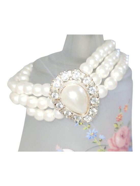 Unknown Jewelry - Faux Pearl With Tear Drop Crystal Cabochon Three Row Bracelet Silver Tone Clasp